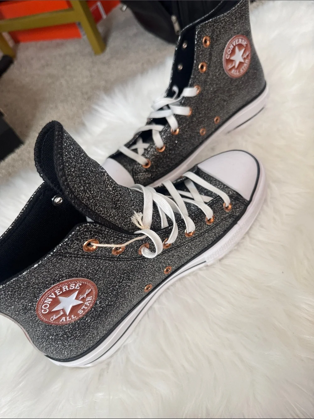 Converse High Top Sneakers - Black Glitter with Rose Gold Details